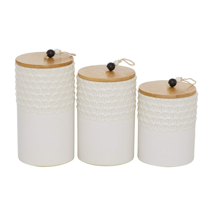 White Textured Stoneware Canister with Wood Lid and Beaded Handle Set of 3 6.75"