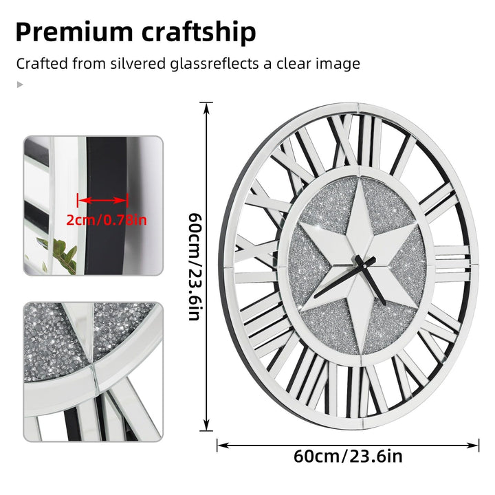 Round Glass Roman Numeral Wall Clock 24" Silver Modern Contemporary Beveled - Diamond Home USA