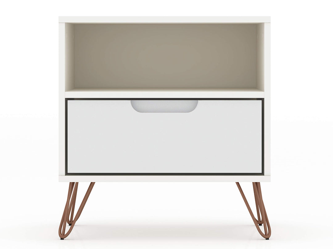 Manhattan Comfort Rockefeller Mid-Century Modern 1 Drawer Bedroom Nightstand . White