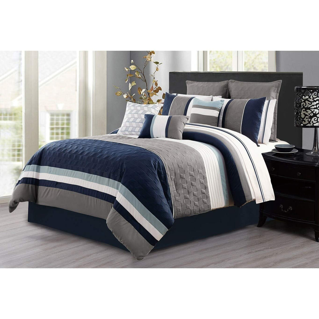 Comforter 7 Piece Set Microfiber Full Blue Solid Color Modern Contemporary