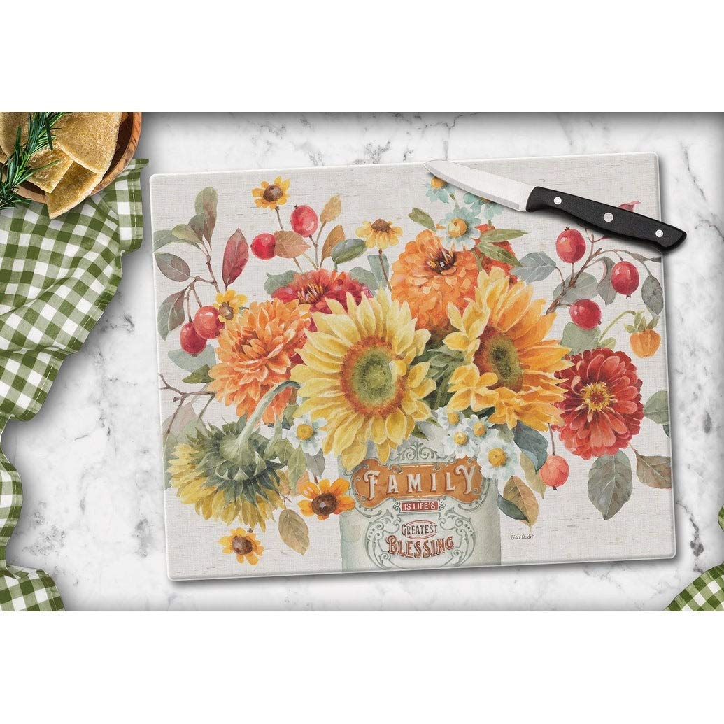 Glass Cutting Board Counter Saver 12"x15" Autumn In Bloom Multi Color - Diamond Home USA