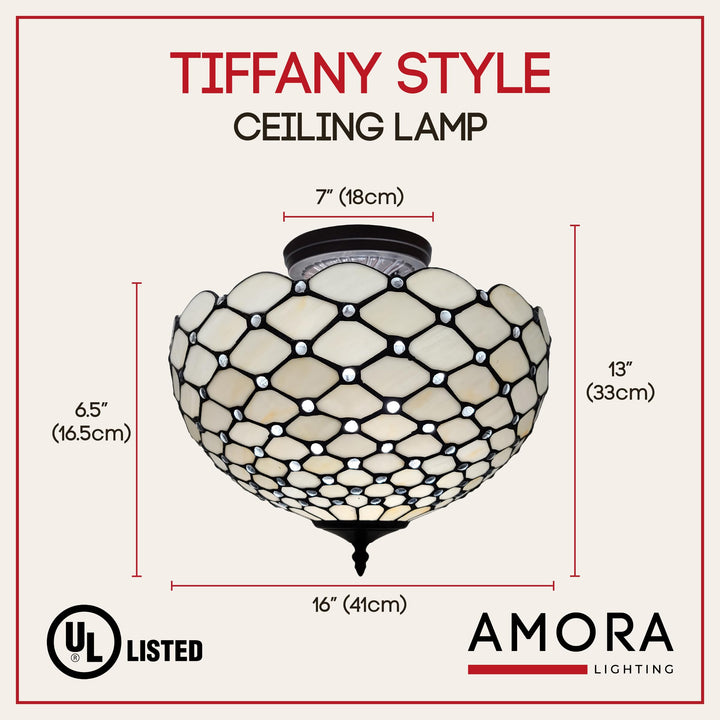 Tiffany Style Ceiling Fixture Lamp Jeweled Semi-Flush 16" Wide Stained Glass - Diamond Home USA