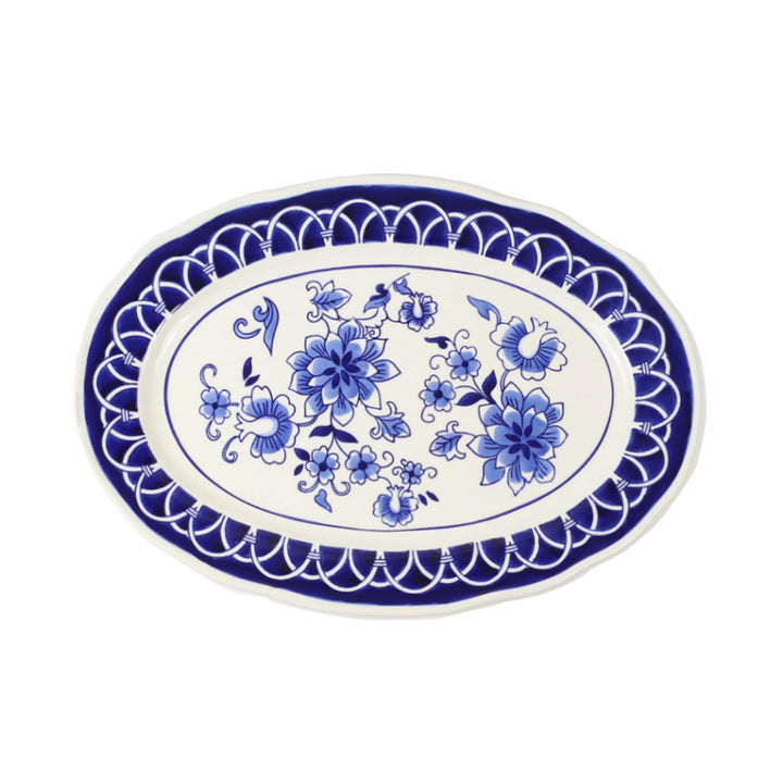 Euro Blue Garden 18" Stoneware Oval Serving Platter 17.8 X 12.6 1.3" Off/White