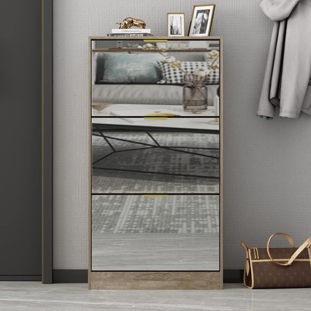 Mirrored Flip Drawer Shoe Cabinet Storage Organizer Brown French Glam MDF Finish - Diamond Home USA