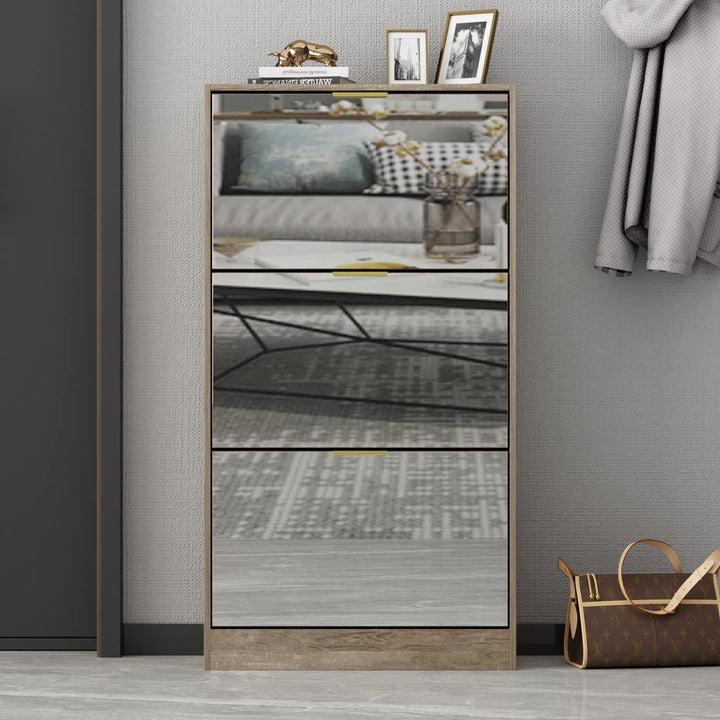 Mirrored Flip Drawer Shoe Cabinet Storage Organizer Brown French Glam MDF Finish - Diamond Home USA