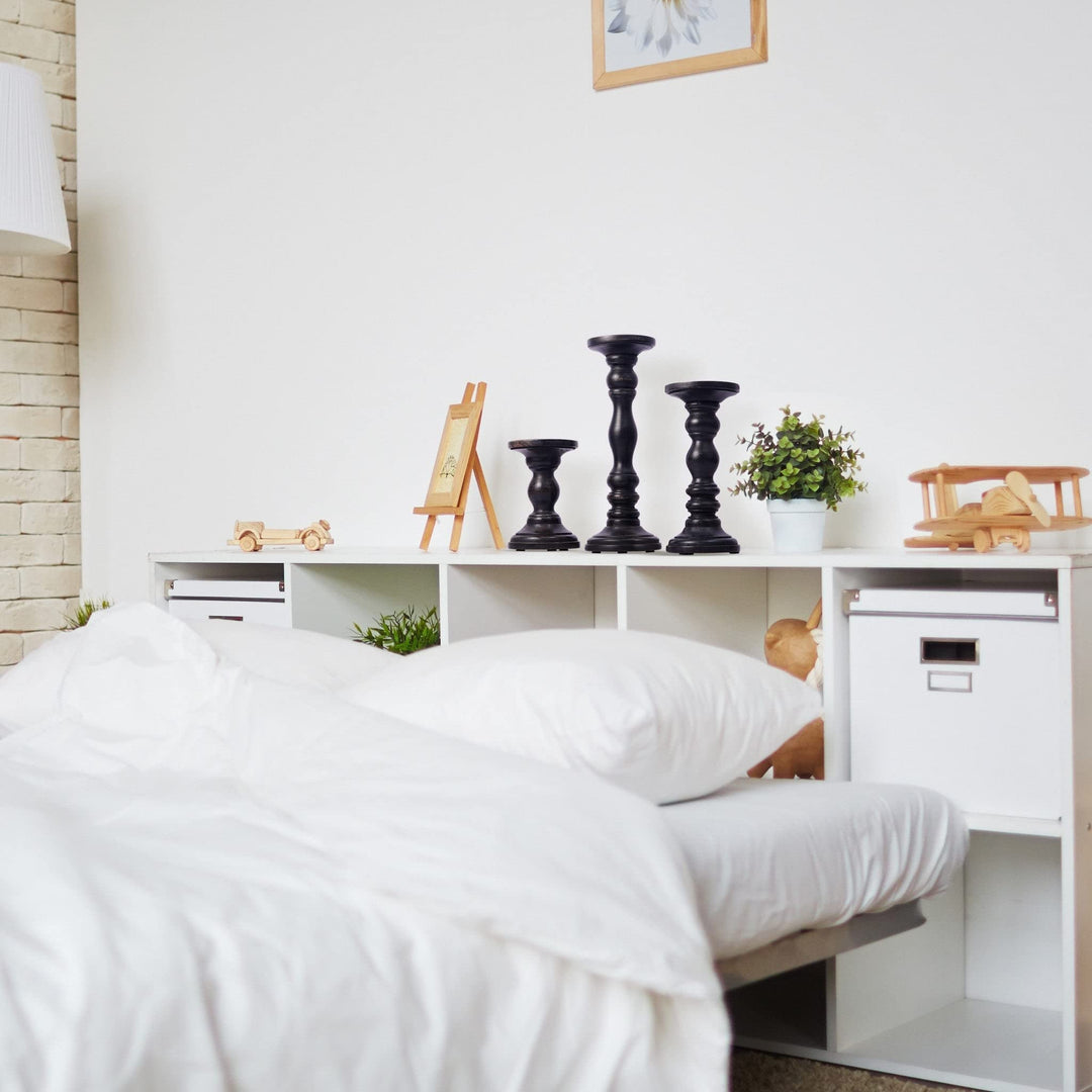 Set of Three Matte Black Genuine Wood Hand Carved Pillar Candle Holders 17" X 9" - Diamond Home USA