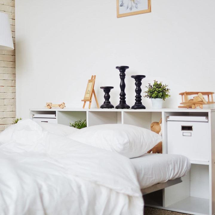 Set of Three Matte Black Genuine Wood Hand Carved Pillar Candle Holders 17" X 9" - Diamond Home USA