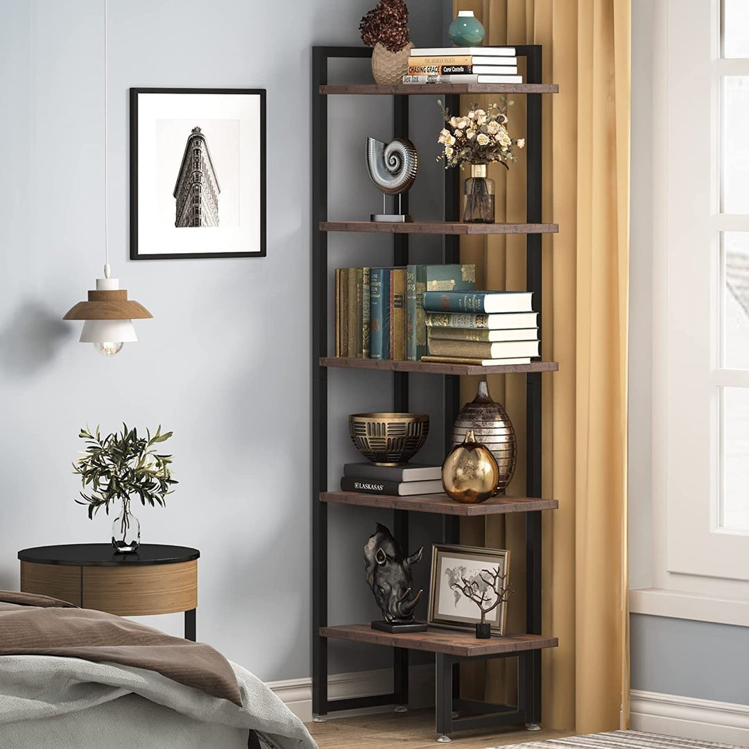 Industrial Corner Shelf 5 Tier Wood Bookcase Display 11.8" d X 20.47" w 59.44" h - Diamond Home USA