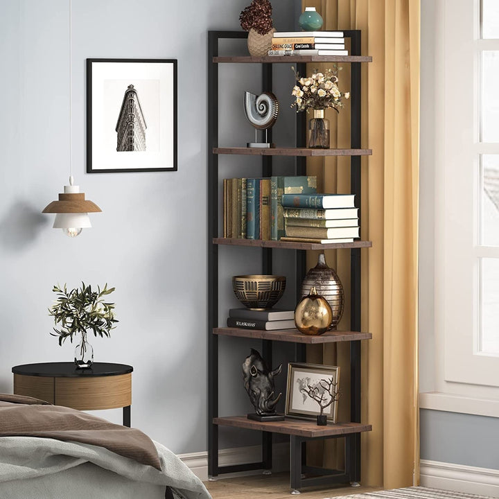 Industrial Corner Shelf 5 Tier Wood Bookcase Display 11.8" d X 20.47" w 59.44" h - Diamond Home USA