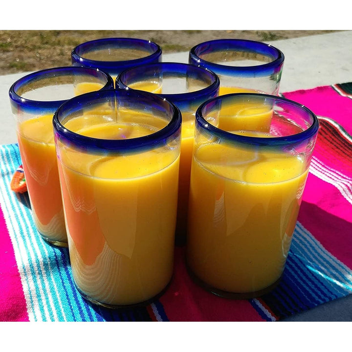 Hand Blown Mexican Drinking Glasses Set Of 6 With Cobalt Blue Rims (14 Oz - Diamond Home USA