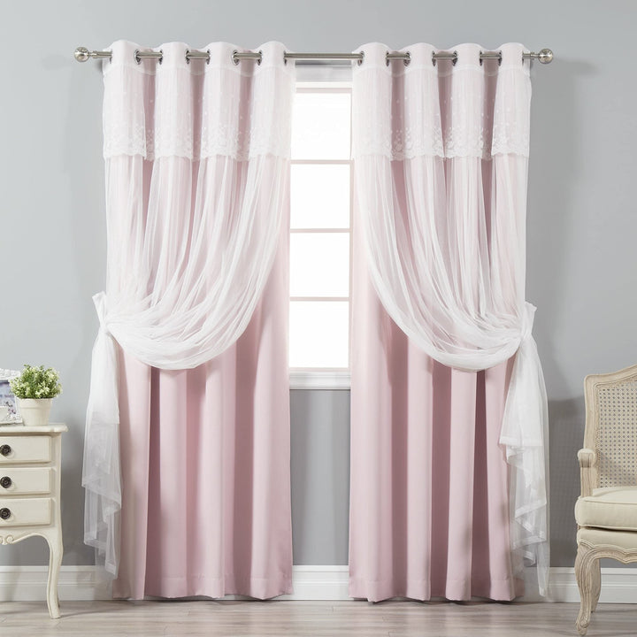 Aurora Home Attached Valance Sheer and Blackout 4-Piece Panel Pair Light Pink 52"W x 84"L - Light Pink