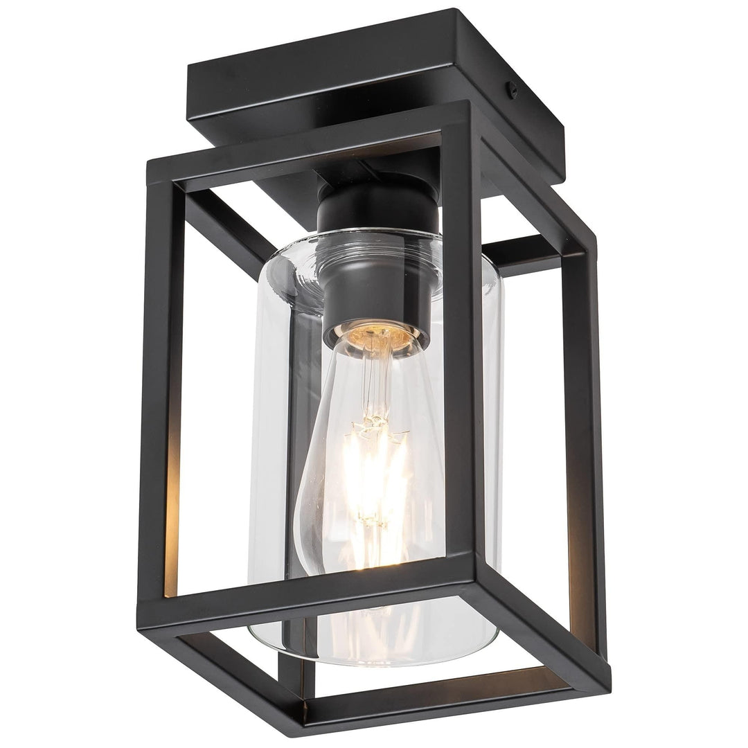 1-Light Black Farmhouse Industrial Retro Cage Semi Flush Mount with Glass