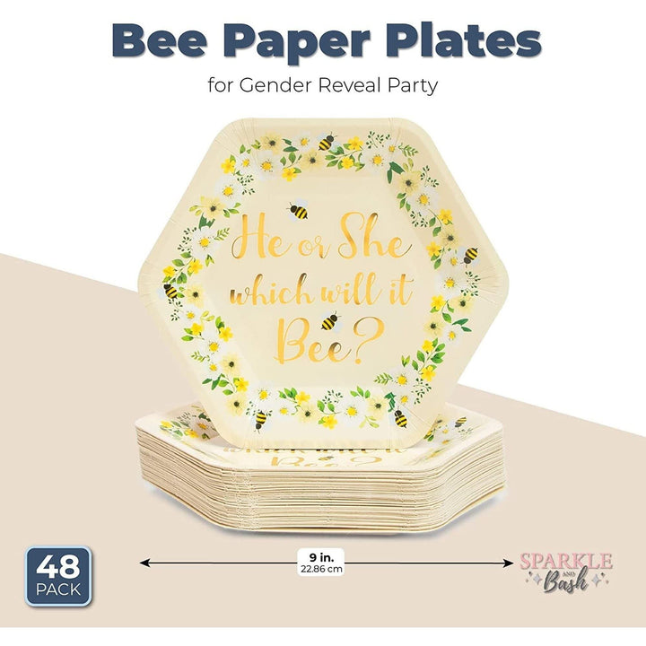 Bee Paper Plates For Gender Reveal Party (9 Inch Hexagon 48 Pack) White Floral - Diamond Home USA