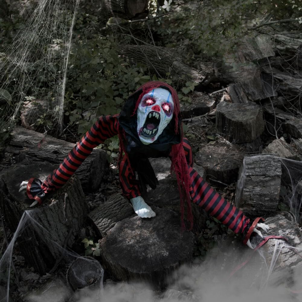 Haunted Hill Farm Squatting Clown Dog Halloween Animatronic with Movement Sounds - Diamond Home USA