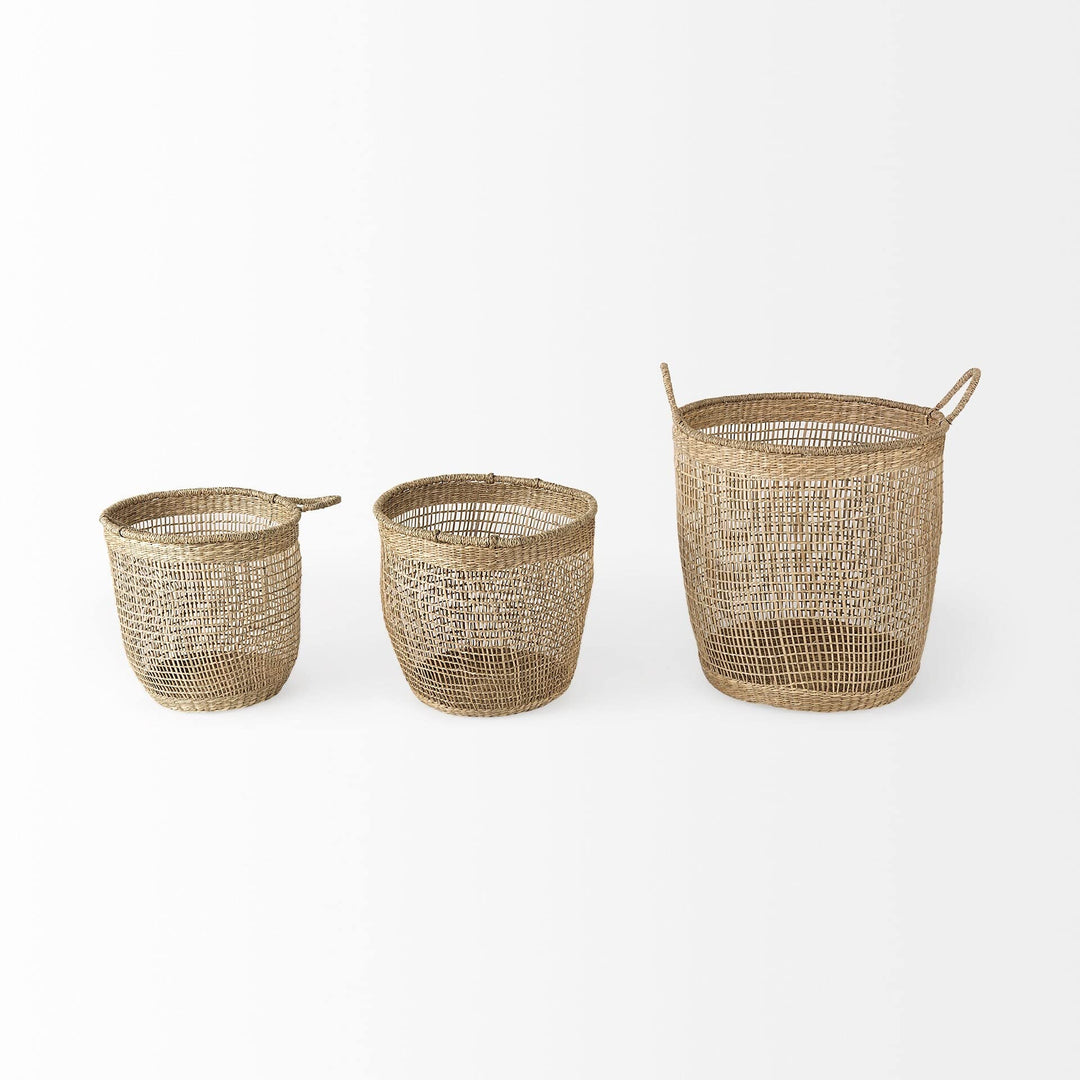 19.7l X 19.7w 19.7h (Set Of 3) Medium Brown Seagrass Round Basket W/les - Diamond Home USA