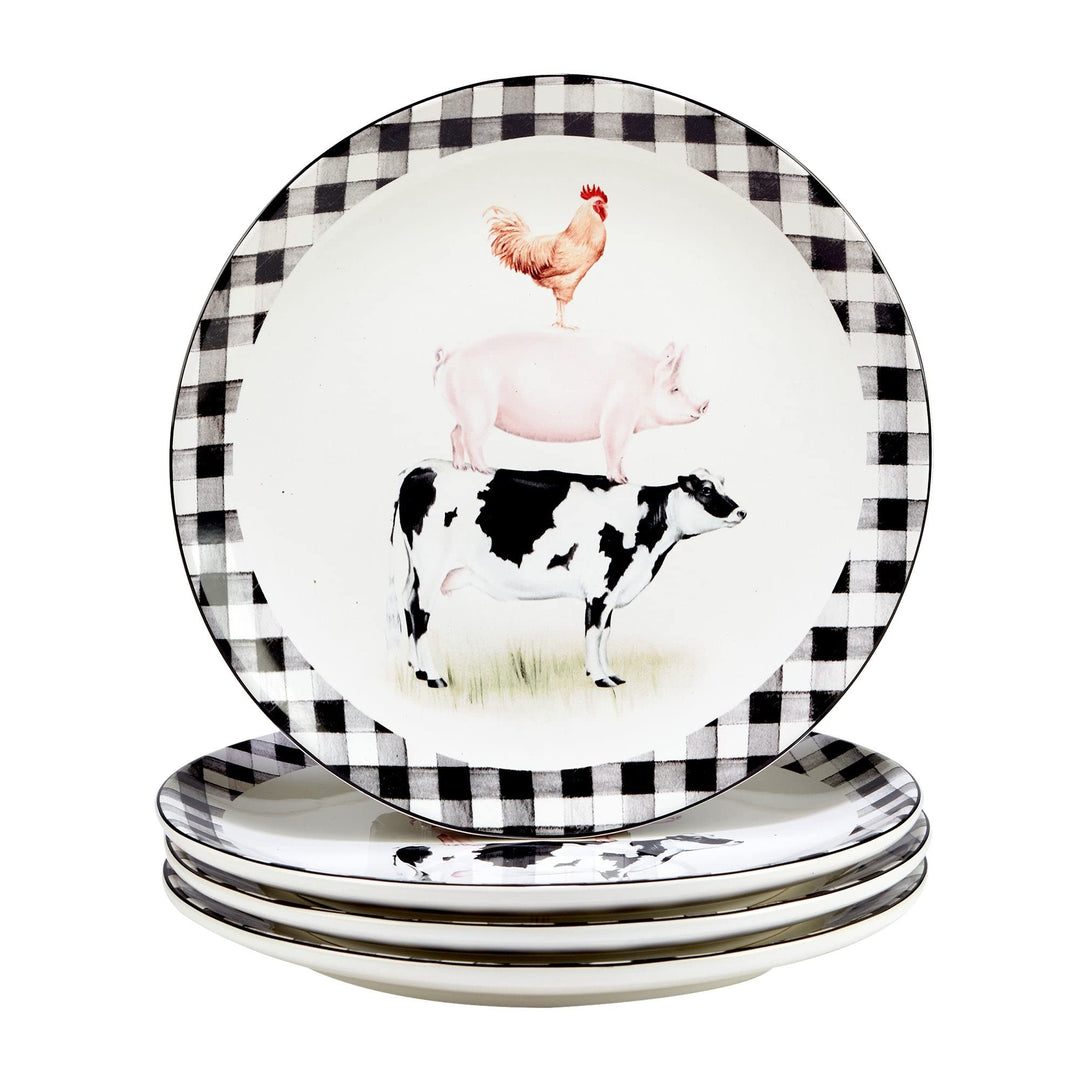 11" Dinnerware Plates Set Of 4 X Black Multi Color White Animal Casual Farmhouse