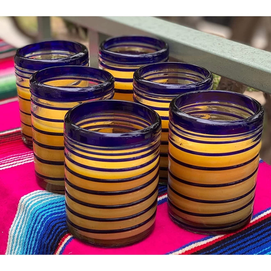 Hand Blown Mexican Drinking Glasses Set Of 6 Tumbler With Blue Spiral Design (10 - Diamond Home USA