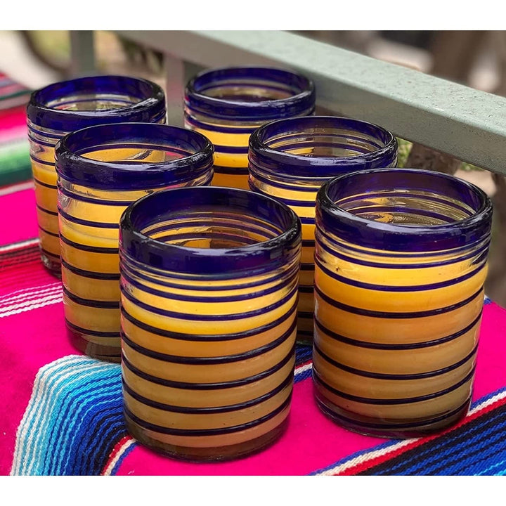Hand Blown Mexican Drinking Glasses Set Of 6 Tumbler With Blue Spiral Design (10 - Diamond Home USA