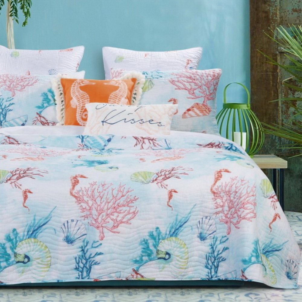 Quilt and Shams Set 3 Piece Coastal Beach Under Sea Reef Seashell Printed Full - Queen - 3 Piece