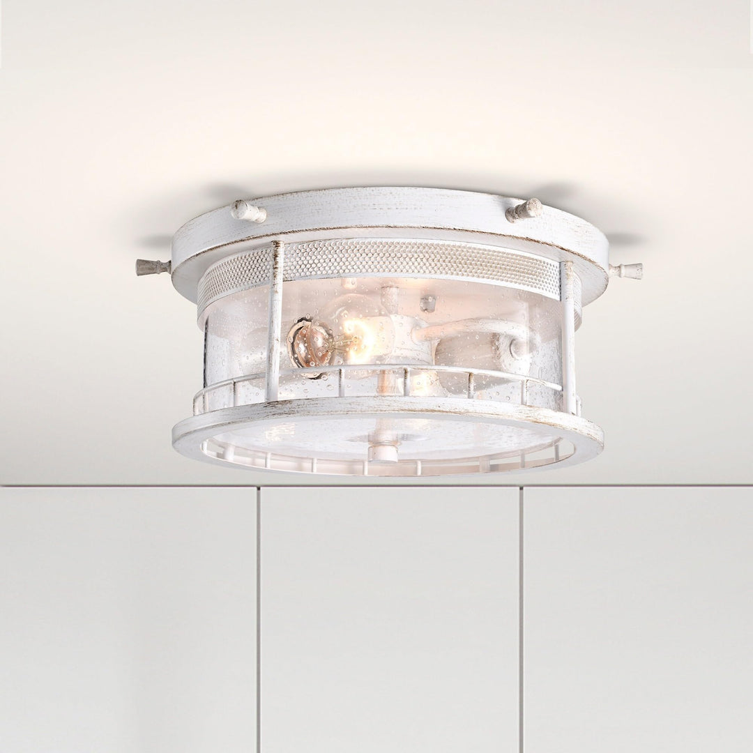 Antique White 2-Light Flush Mount with Caged Glass Shade Farmhouse Steel