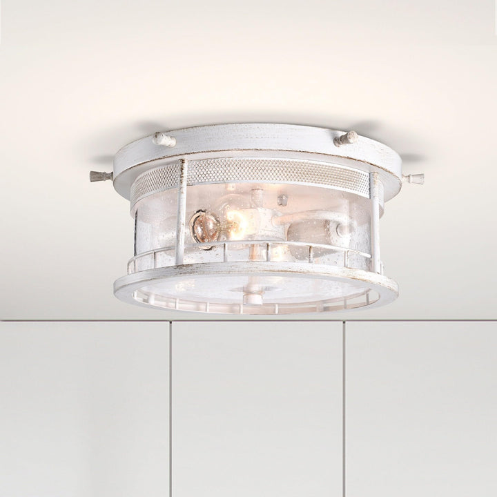 Antique White 2-Light Flush Mount with Caged Glass Shade Farmhouse Steel