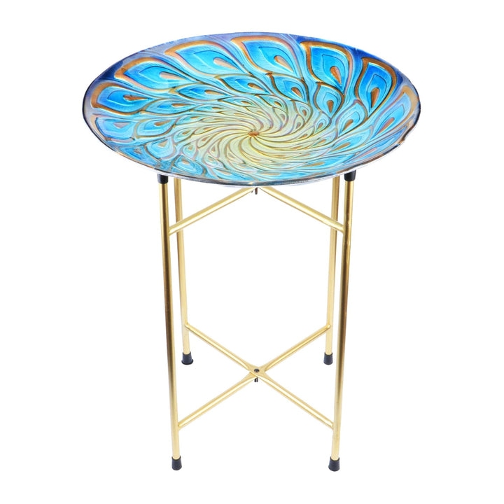 Blue Peacock Feather Glass Garden Birdbath Gold
