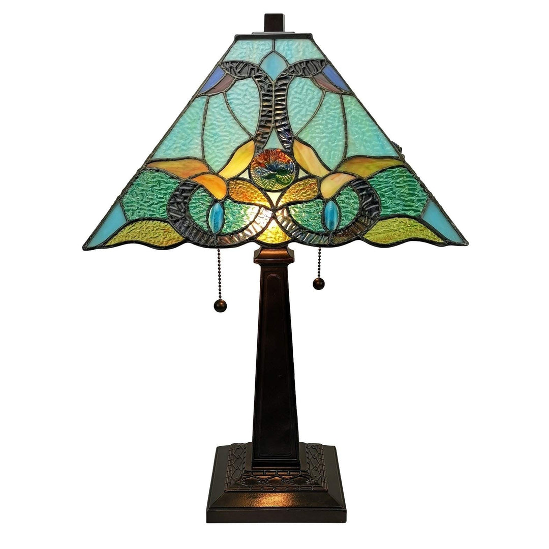 Tiffany Style Table Lamp Banker 20" Tall Stained Glass White Green Red Brown - Diamond Home USA