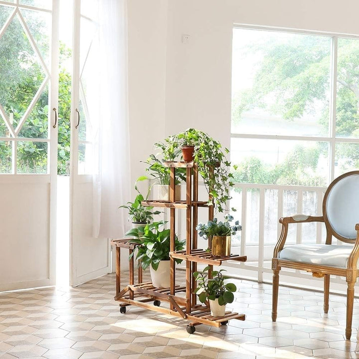6 Tiered Wooden Plant Stand with Wheels Flowers Shelf Rolling Storage Rack Brown - Diamond Home USA