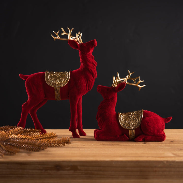 Flocked Deer Figurines (Set of 2) Red Resin - Diamond Home USA