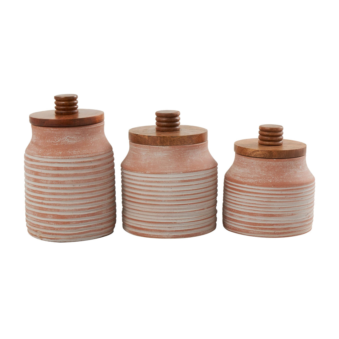 Light Brown Ceramic Decorative Jars With Wood Lids (Set Of 3) - Diamond Home USA