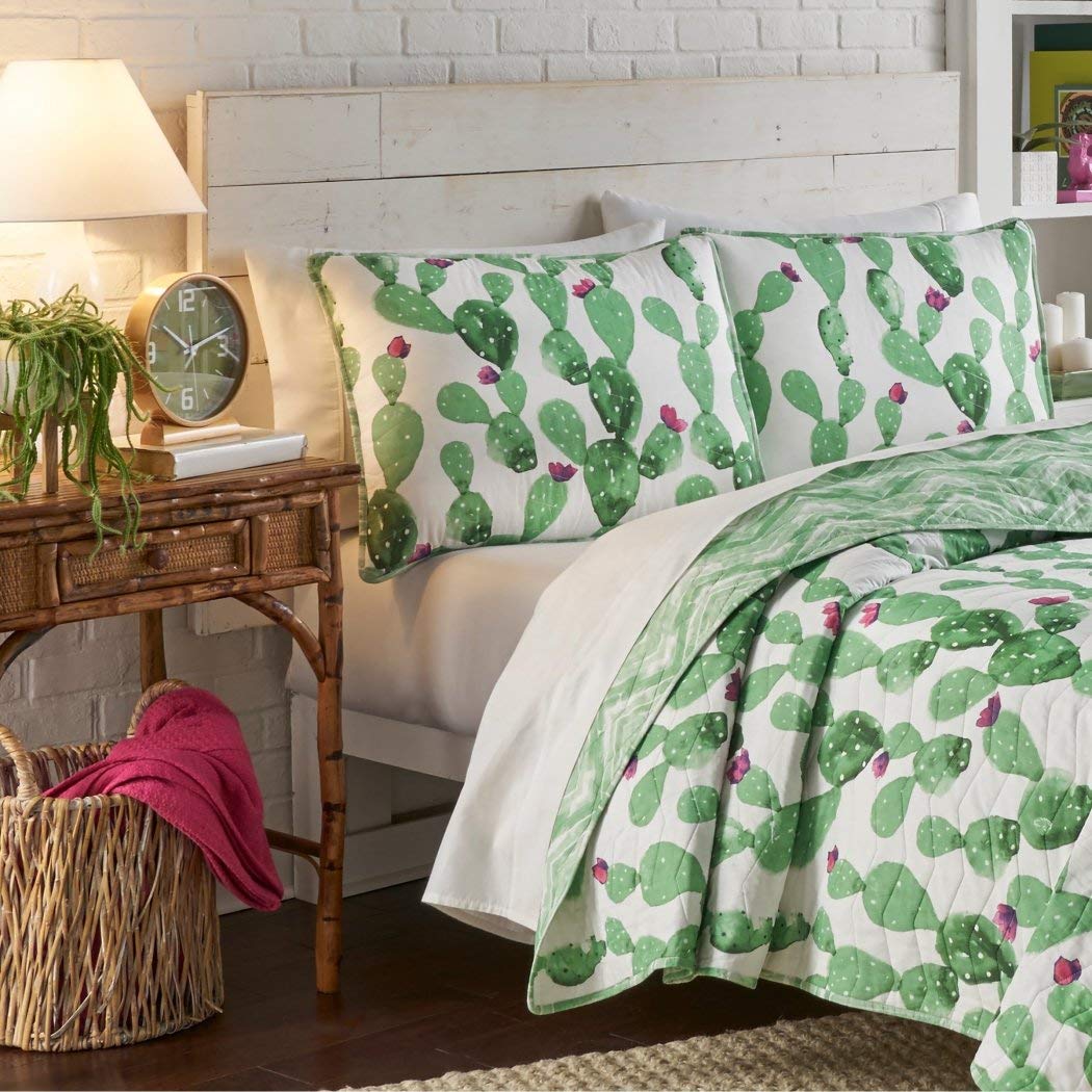 TN 3 Piece White Green Cactus Quilt Full Queen Set Western Desert Plant - Diamond Home USA