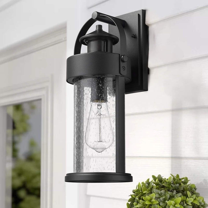 Motion Sensor Outdoor Wall Light with Seeded Glass Black Modern Contemporary