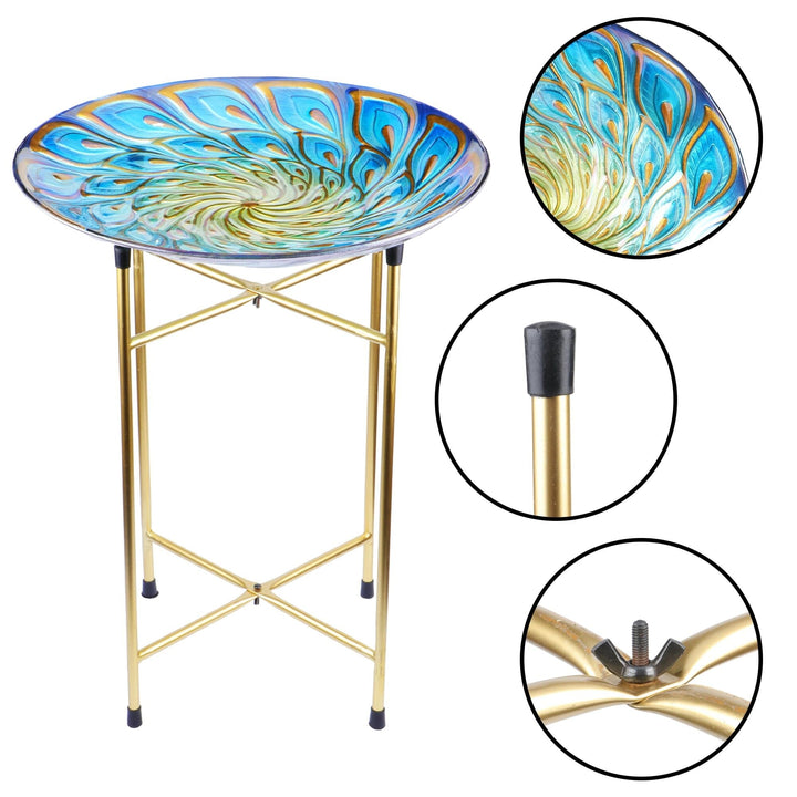Blue Peacock Feather Glass Garden Birdbath Gold - Diamond Home USA