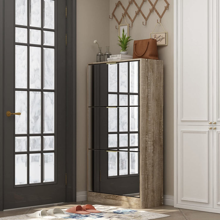 Floor Standing Mirror Shoe Cabinet Closet Organizers Brown Art Glass MDF Matte - Diamond Home USA