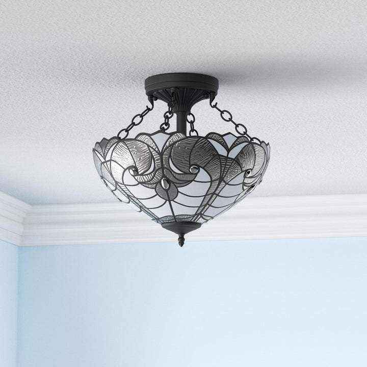 Tiffany Style Ceiling Lamp Fixture Semi Flush 16" Wide White Stained Glass - Diamond Home USA