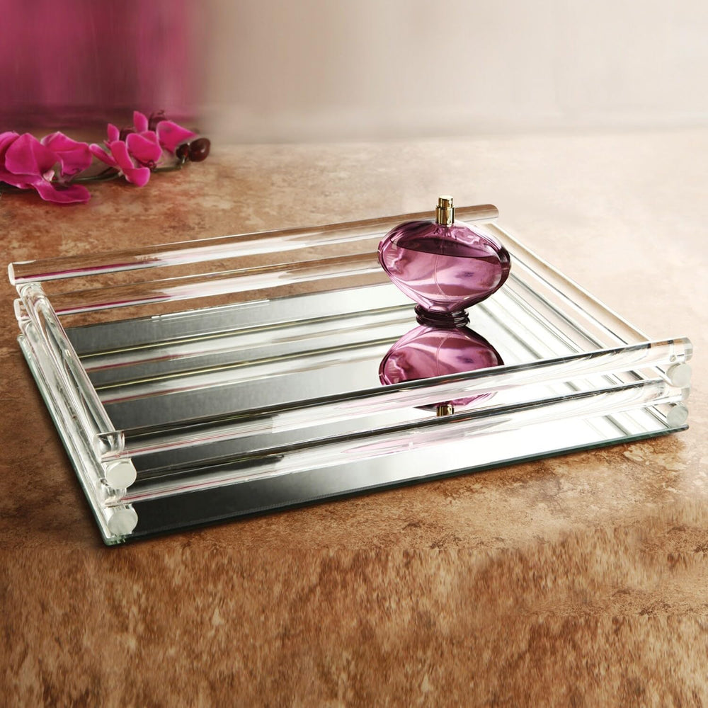 Double Rail Mirror Vanity Tray 12x16 2.5" H X 12" W 16" D Silver Solid Modern - Diamond Home USA