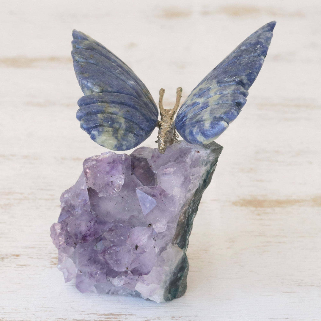Amethyst Sculpture 'Blue Butterfly' Brown Wood Antique Waterproof - Diamond Home USA