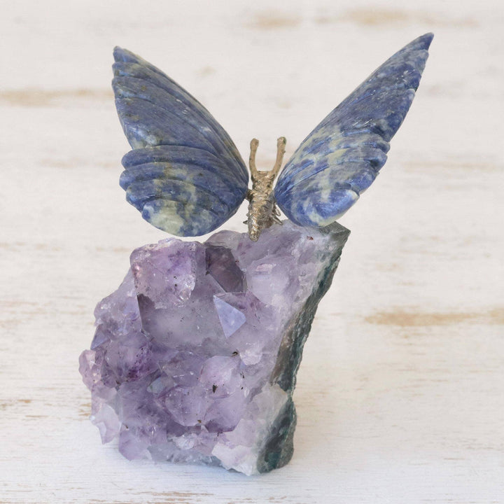 Amethyst Sculpture 'Blue Butterfly' Brown Wood Antique Waterproof - Diamond Home USA