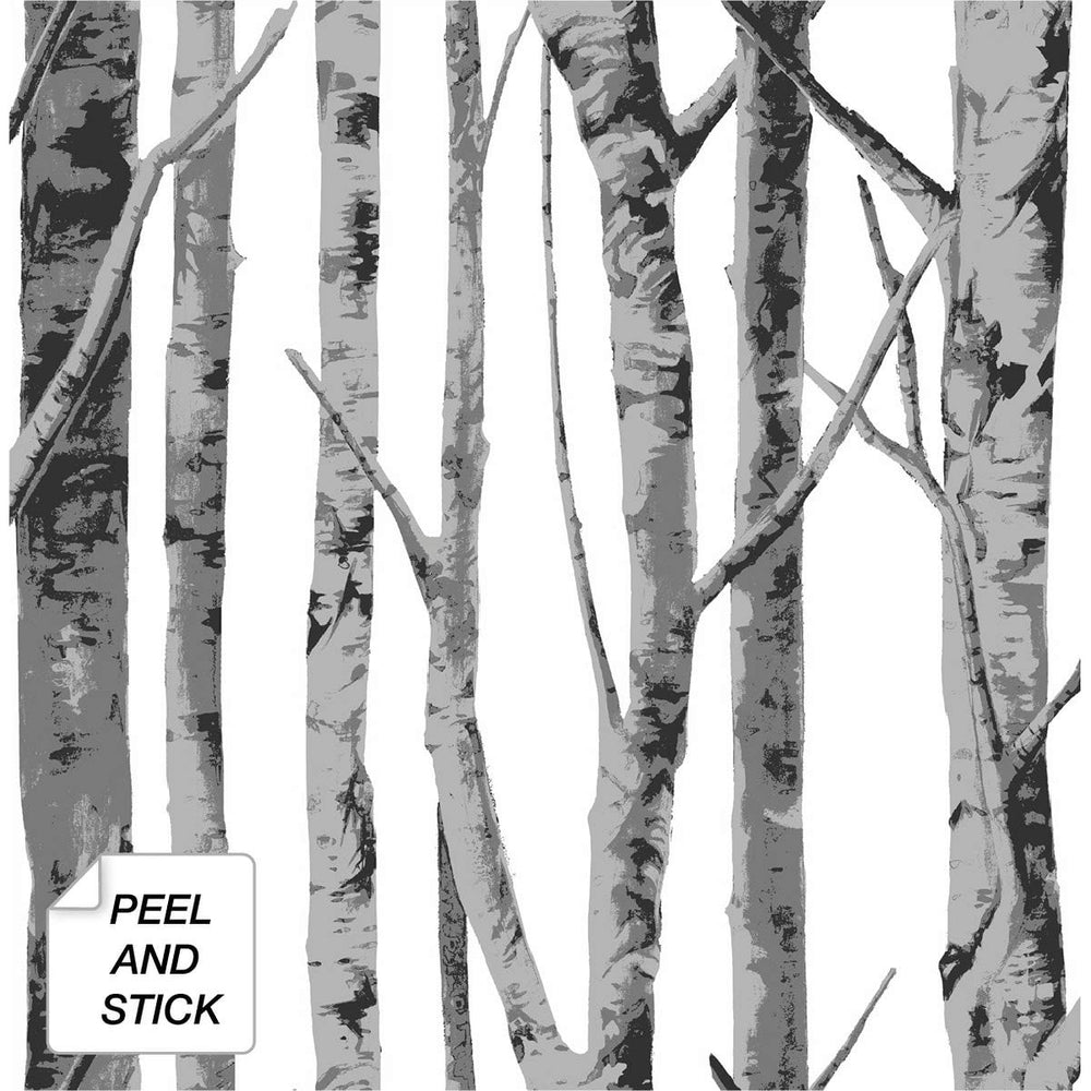 Birch Trees Peel and Stick Removable Wallpaper 20.5 in. W X 18 Ft. L Grey Nature - Diamond Home USA