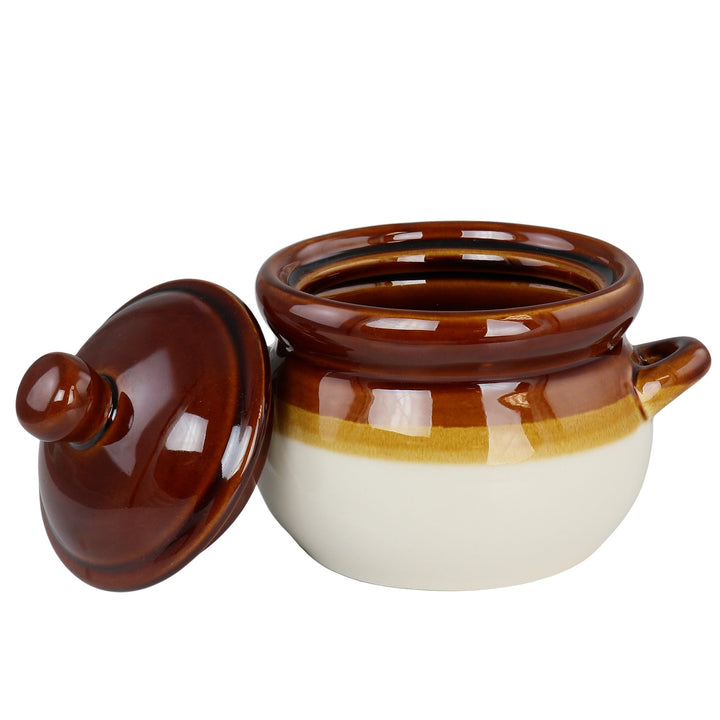 4 Piece Double Handle 15 Ounce French Onion Soup Bowl With Lid Brown Banded - Diamond Home USA