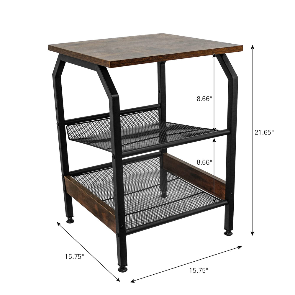 3-Tier Side Table Industrial Nightstand with Storage Shelves Metal Frame - Diamond Home USA