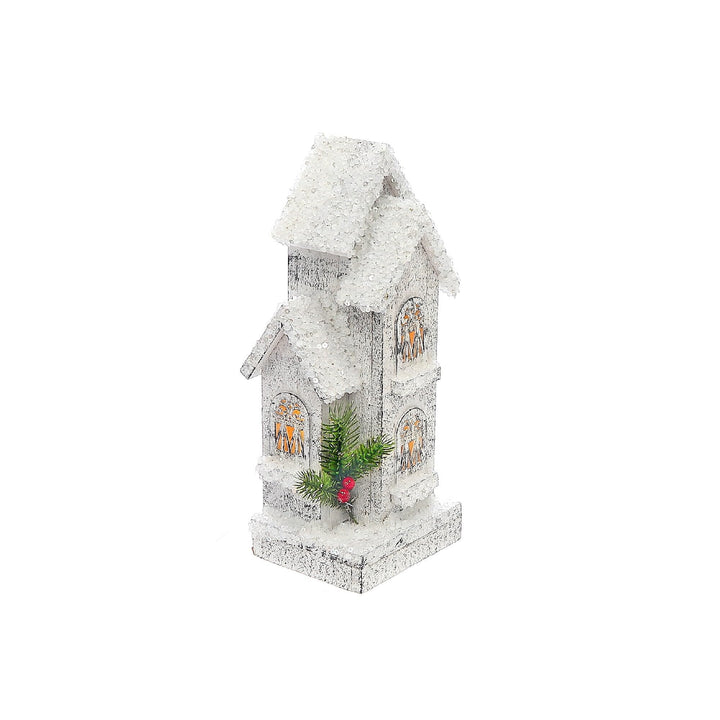 Christmas Led Snow Covered Tall House 12.6" White Wood