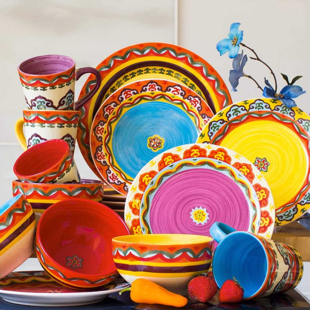 16-Piece Dinnerware Set (Service for 4) Blue Multi Color Yellow Geometric Casual