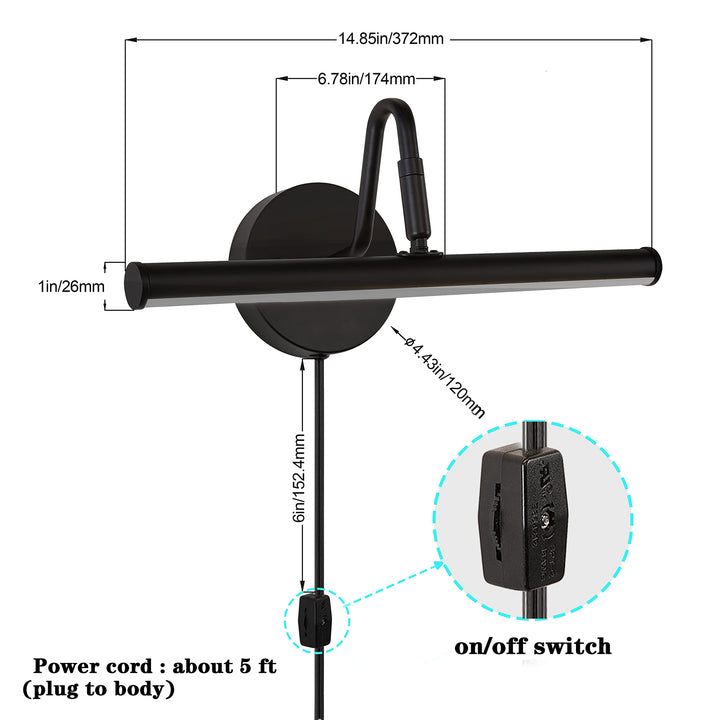 Bathroom Vanity Light Fixtures LED Picture Light Fixture 15 ch Modern Plug Matt Black - Diamond Home USA