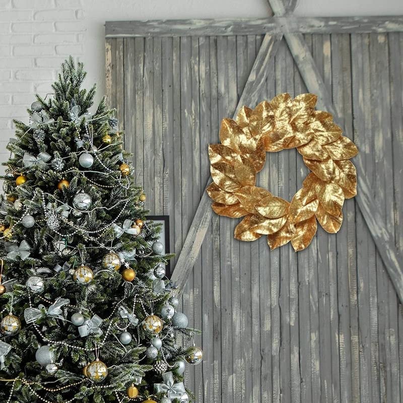 24 Gold Glitter Wreath Magnolia Leaf Perfect for A Front Door Indoor and Outdoor - Diamond Home USA