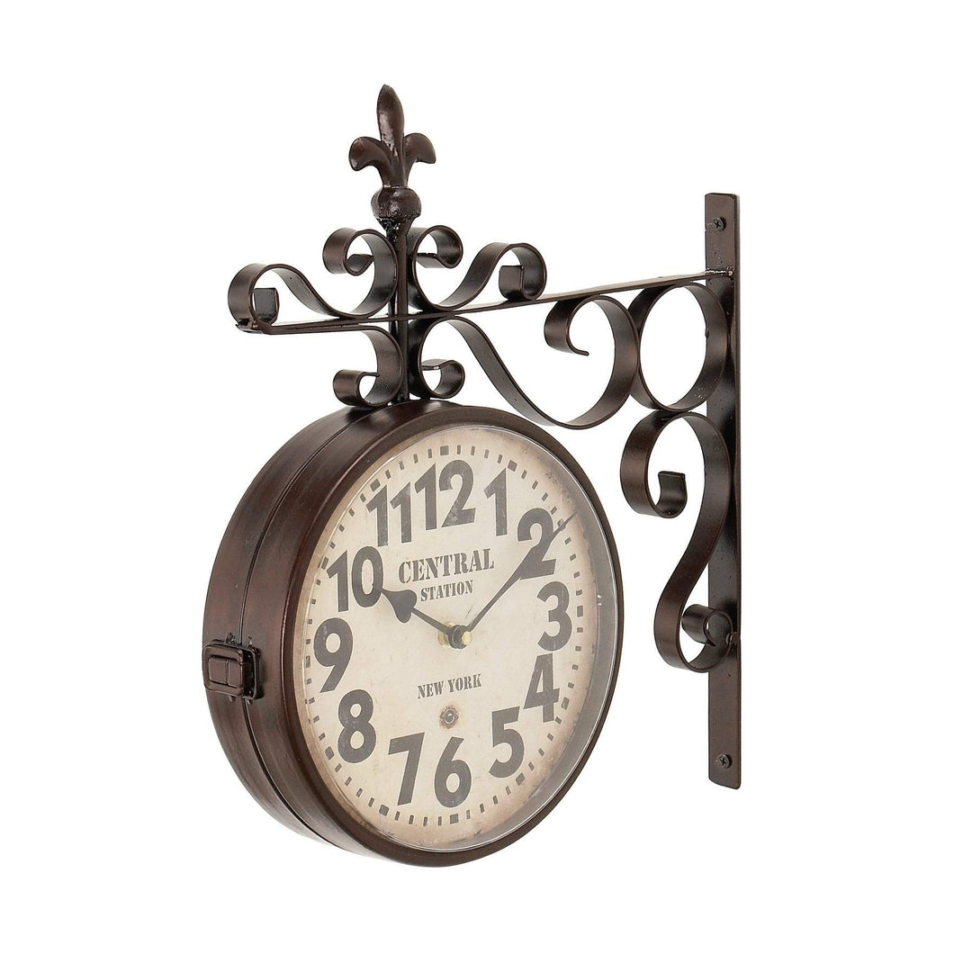Iron Train Station Vintage Double Wall Clock Brown Rustic Novelty Natural Finish - Diamond Home USA