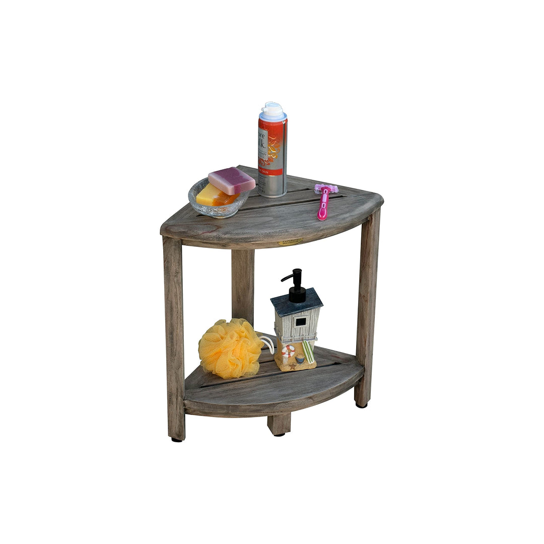 Oasis 2-Tier Teak Corner Shower Shelf in New Gray Finish Grey Modern - Diamond Home USA