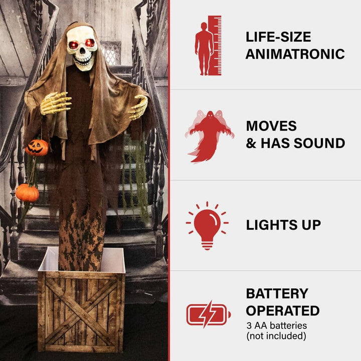 Hunted Hill Frm Skeleton in Box Hlloween Animtronic with Movement Sounds - Diamond Home USA