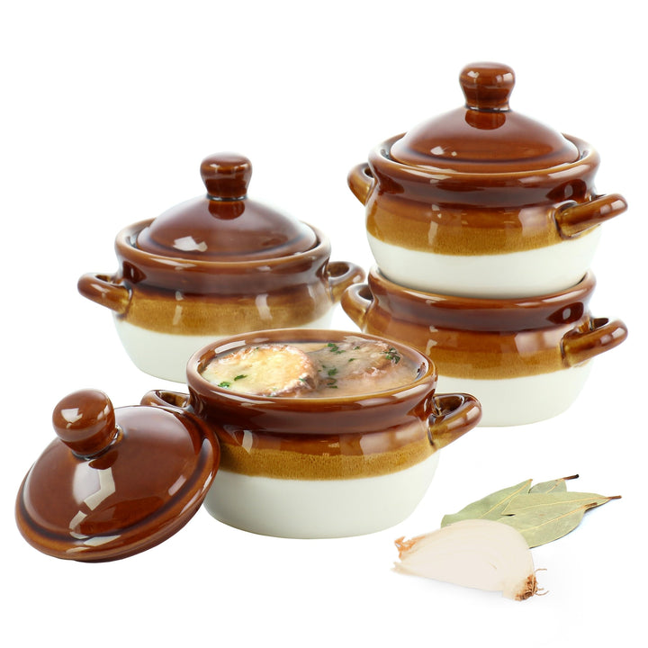 4 Piece Double Handle 15 Ounce French Onion Soup Bowl With Lid Brown Banded
