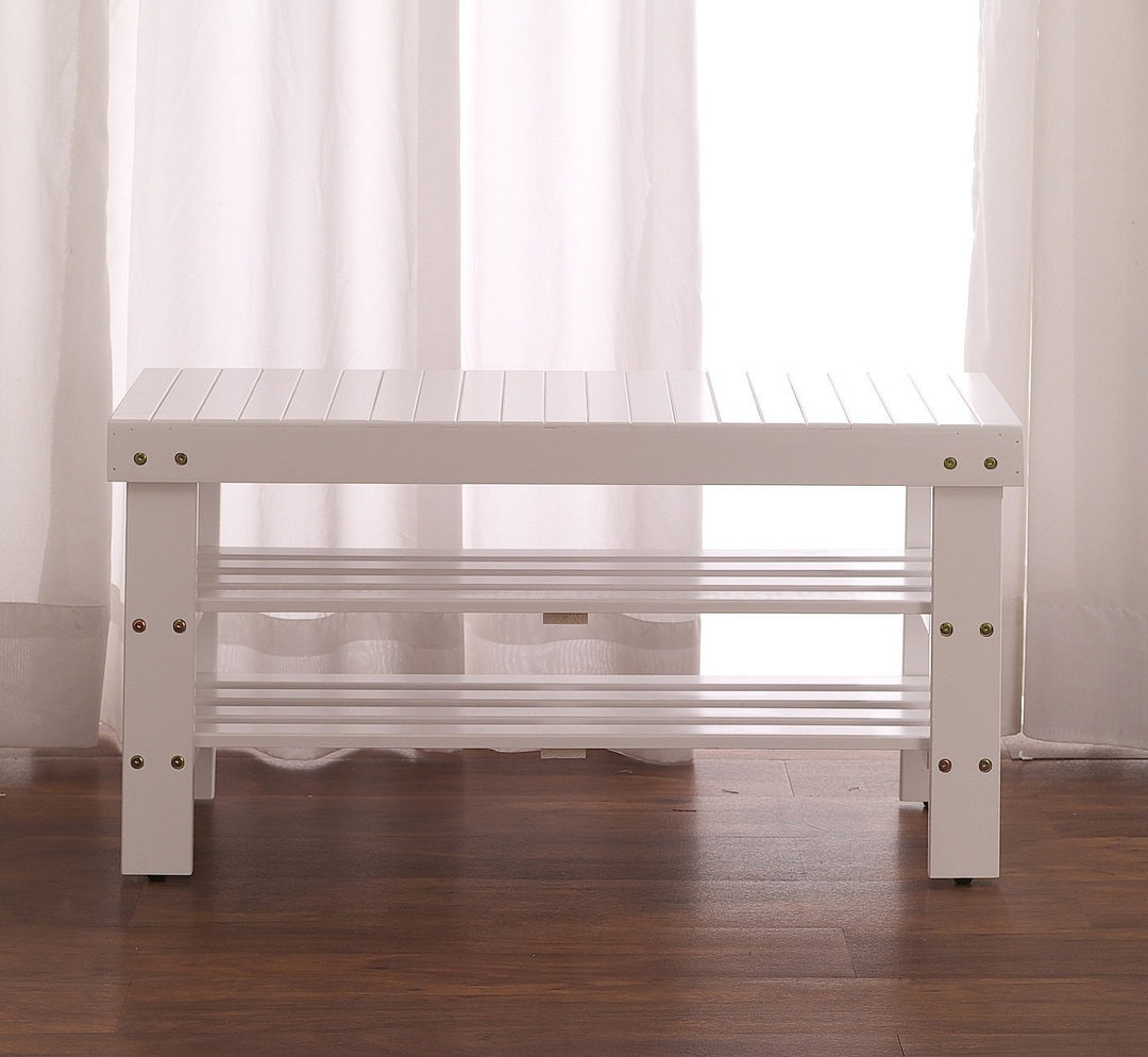 White Finish Solid Wood Storage Shoe Bench Shelf - Diamond Home USA